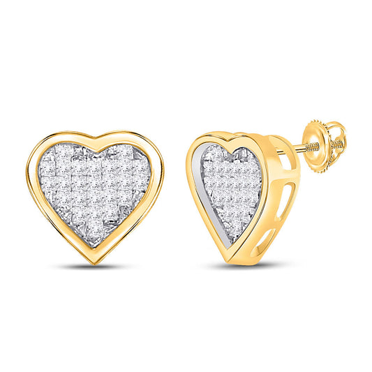 10K Yellow Gold Womens Princess Diamond Heart Earrings 1/3 Cttw