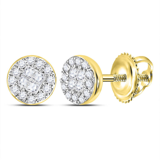 14K Yellow Gold Womens Princess Round Diamond Cluster Earrings 1/6 Cttw, Length: 0.19 In, Width: 0.19 In