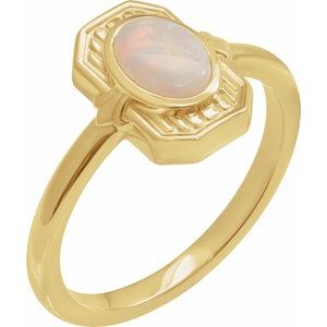 14K Yellow Gold  Oval 7 X 5 Mm Polished Natural White Opal Deco Cabochon Ring Size 7