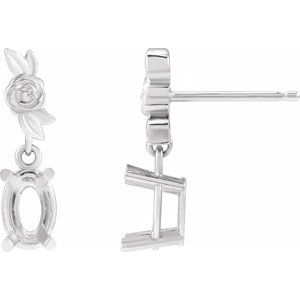 14K White Gold Oval 8 X 6 Mm Floral Dangle Earring Mounting
