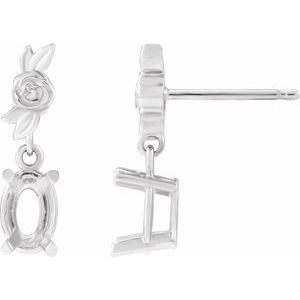 14K White Gold Oval 8 X 6 Mm Floral Dangle Earring Mounting
