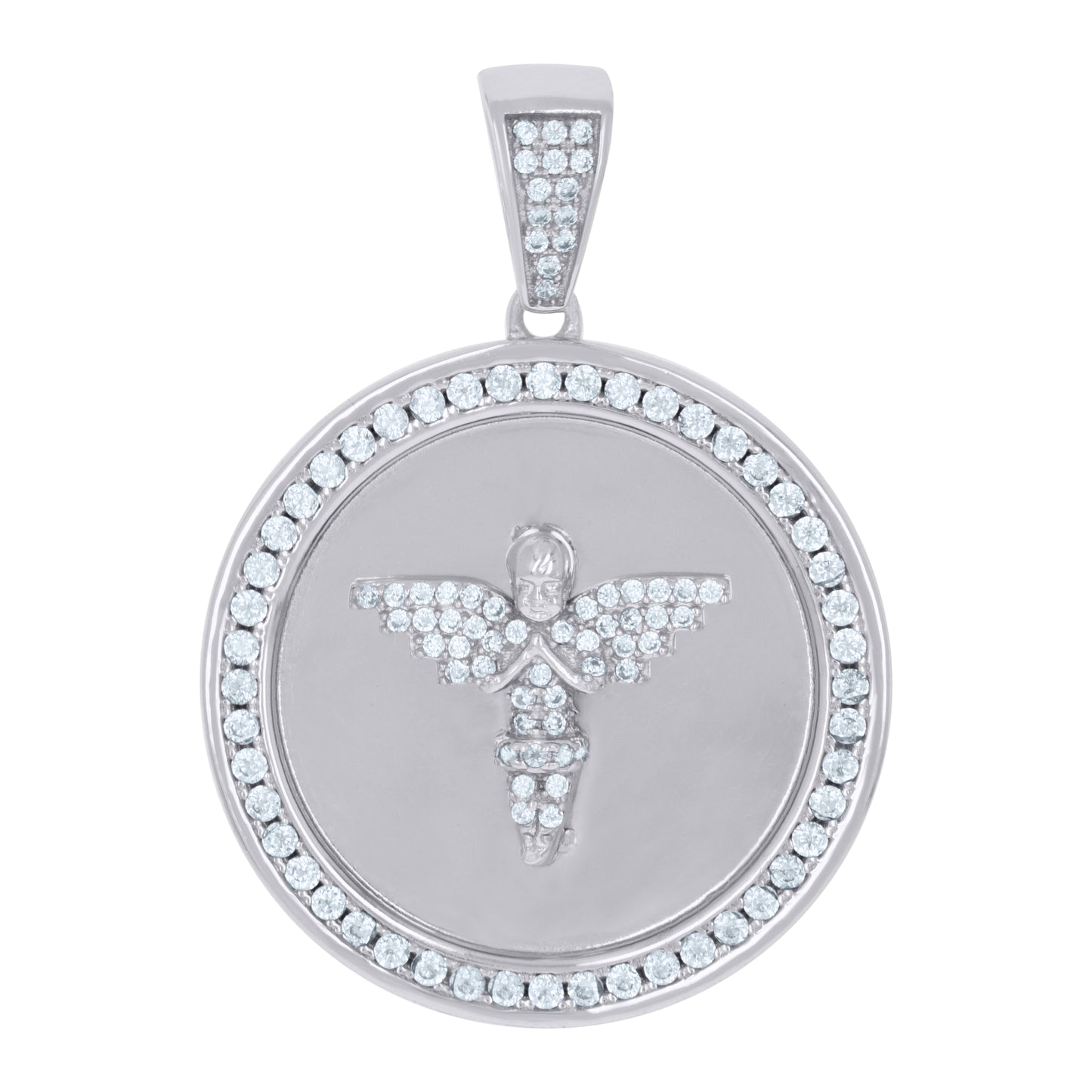 Sterling Silver Mens Cubic-Zirconia Medallion Praying Angel Religious Charm Pendant