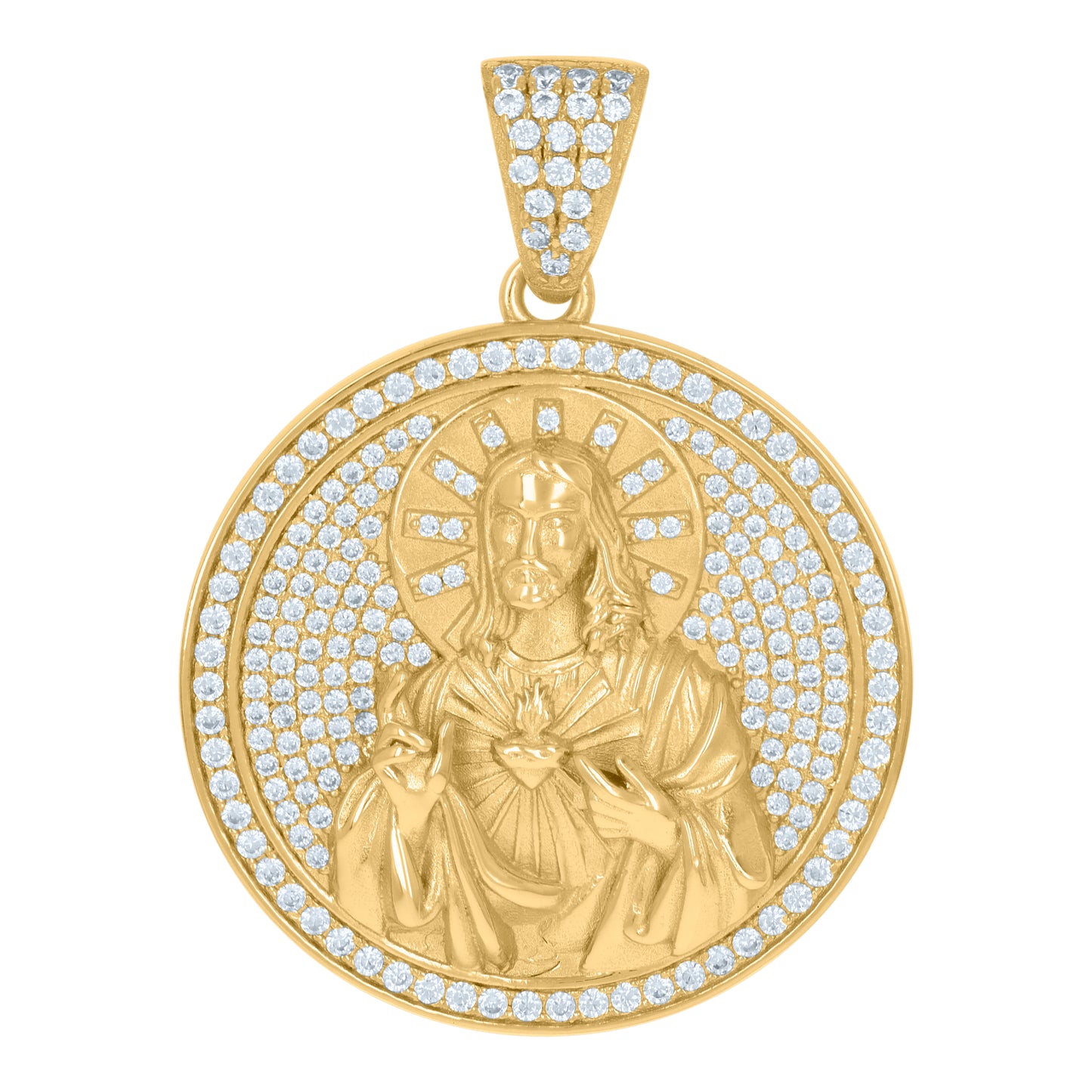 Sterling Silver Mens Cubic-Zirconia Medallion Sacred Heart Of Jesus Religious Charm Pendant