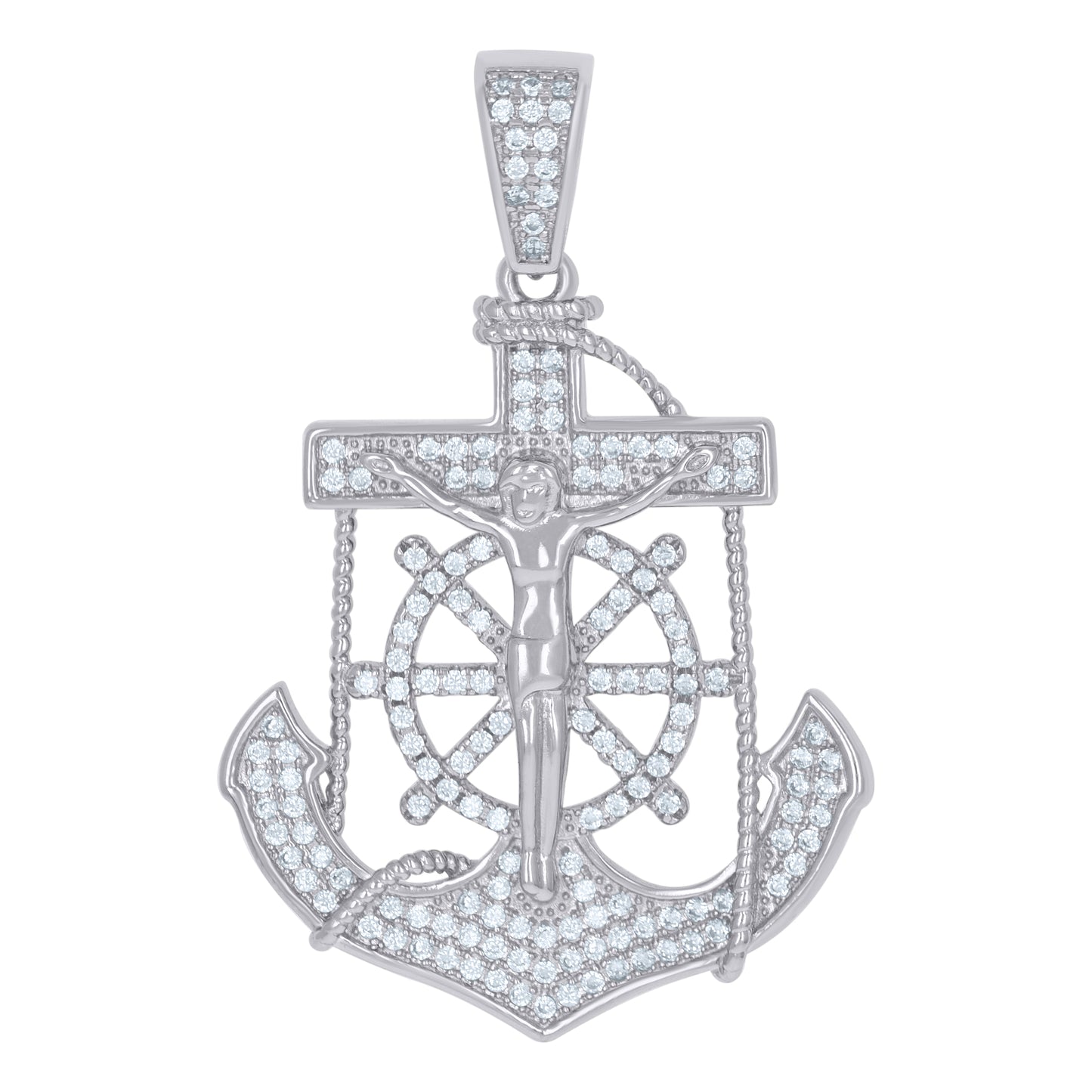 Sterling Silver Mens Cubic-Zirconia Anchor Crucifix Religious Charm Pendant