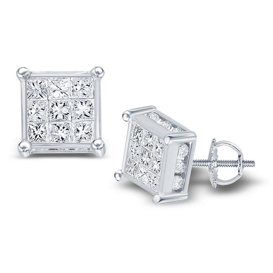14K White Gold Womens Princess Diamond Cluster Stud Earrings 1/2 Cttw