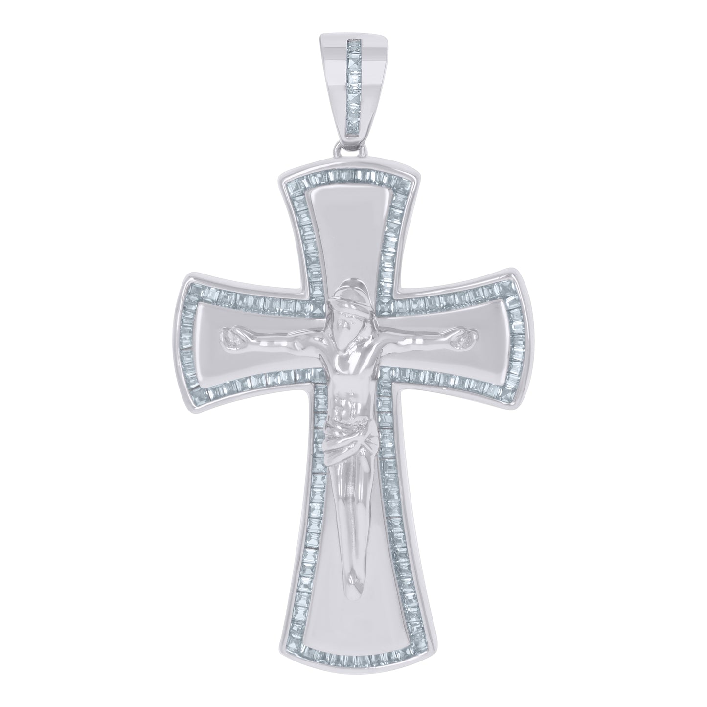 Sterling Silver Mens Baguette Cubic-Zirconia Crucifix Cross Religious Charm Pendant