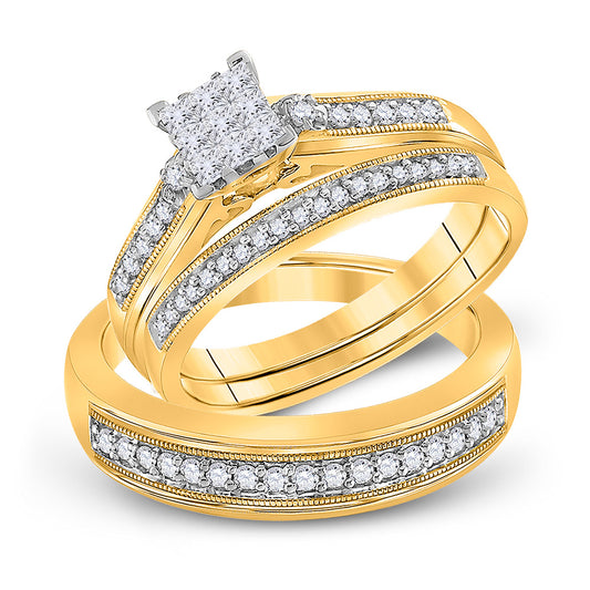 10K Yellow Gold His Hers Princess Diamond Cluster Matching Wedding Set 1/2 Cttw, Womens Size: 5-10, Mens Size: 7-13