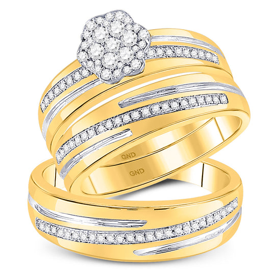 10K Yellow Gold His Hers Round Diamond Cluster Matching Wedding Set 3/8 Cttw, Womens Size: 5-10, Mens Size: 7-13