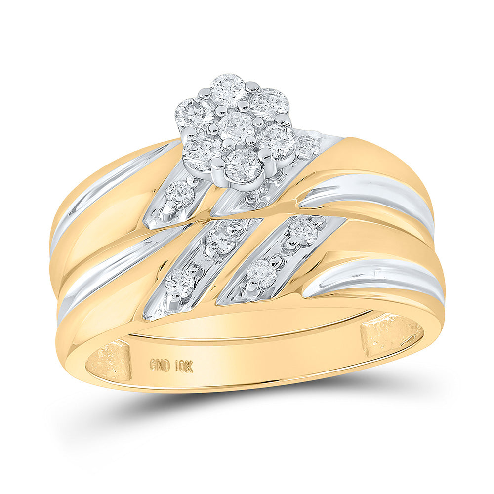10K Yellow Gold His Hers Round Diamond Cluster Matching Wedding Set 3/8 Cttw, Womens Size: 5-10, Mens Size: 7-13