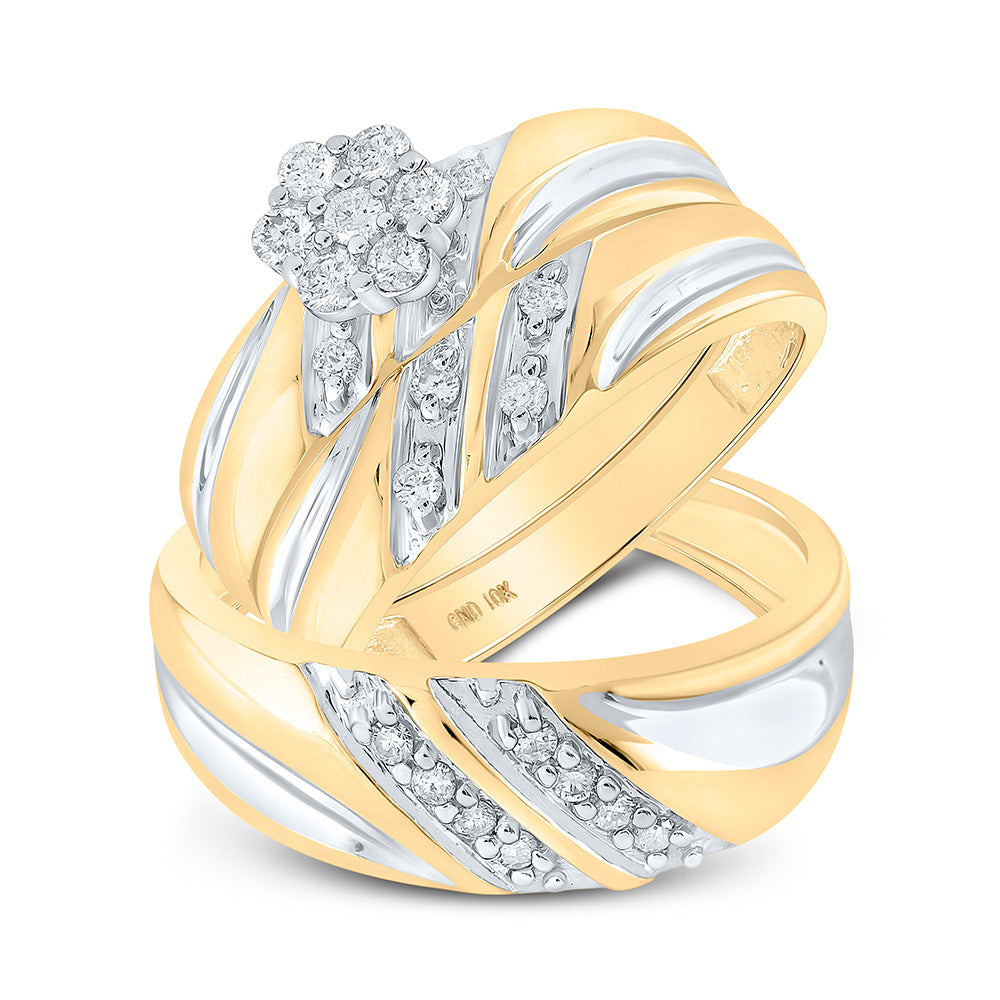 10K Yellow Gold His Hers Round Diamond Cluster Matching Wedding Set 3/8 Cttw, Womens Size: 5-10, Mens Size: 7-13