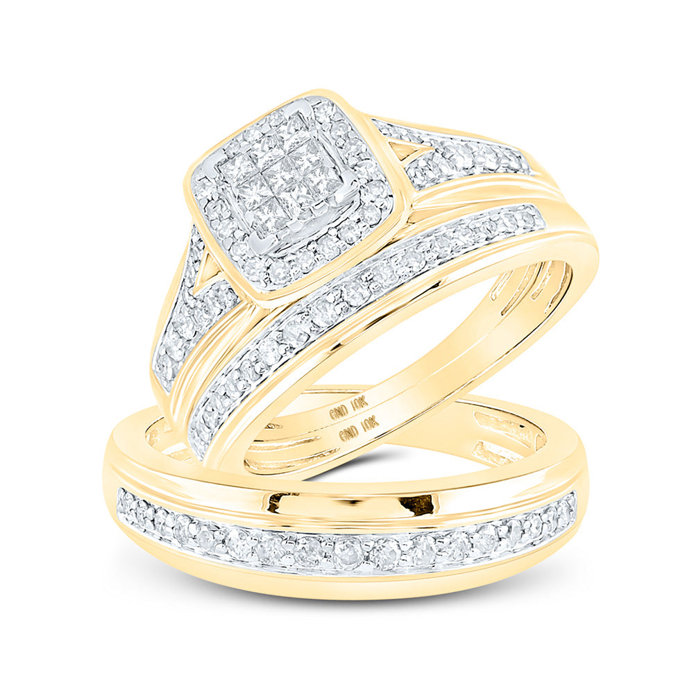 10K Yellow Or White Gold  His Hers Princess Diamond Square Matching Wedding Set 3/4 Cttw, Womens Size: 5-10, Mens Size: 7-13