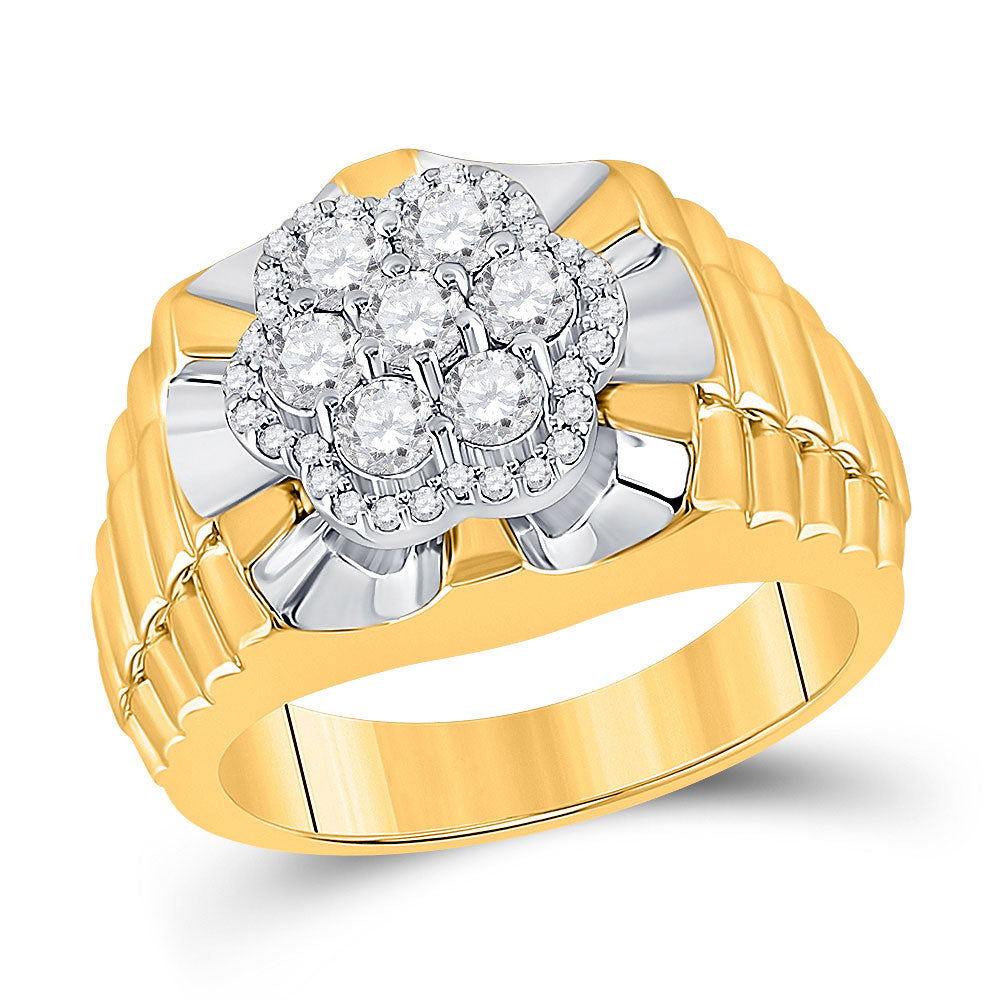 10K Two-tone Yellow White Gold Mens Round Diamond Flower Cluster Ribbed Ring 1 Cttw, Mens Size: 7-13