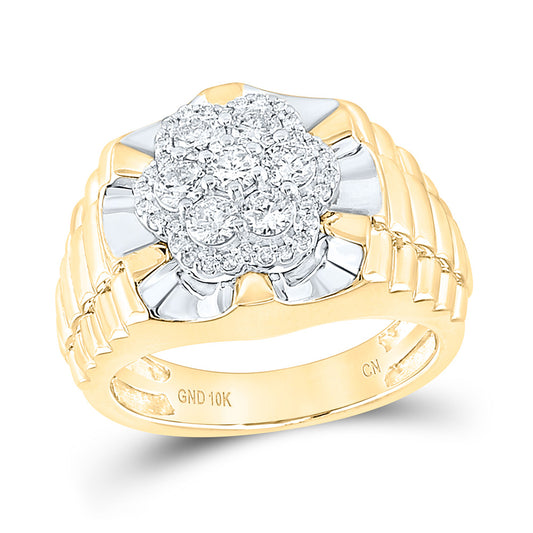 10K Two-tone Yellow White Gold Mens Round Diamond Flower Cluster Ribbed Ring 1 Cttw, Mens Size: 7-13