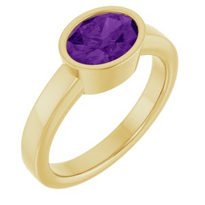 14K Yellow Gold  Oval 8 X 6 Mm Polished Natural Amethyst Solitaire Ring Size 7
