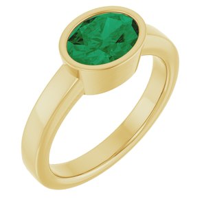 14K Yellow Gold Oval 8 X 6 Mm Polished Lab-Grown Emerald Solitaire Ring Size 7