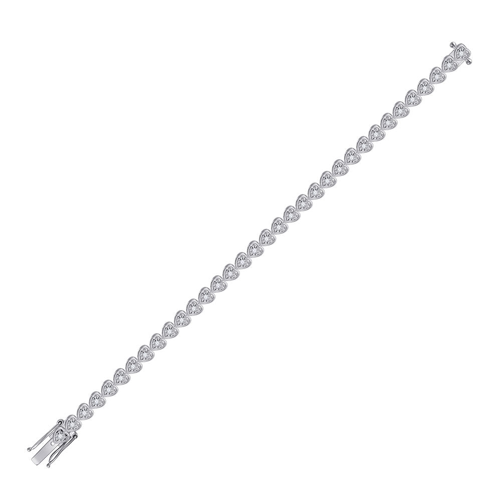 Sterling Silver Womens Round Diamond Heart Tennis Bracelet 1 Cttw, Length: 7.09 In, Width: 0.21 In