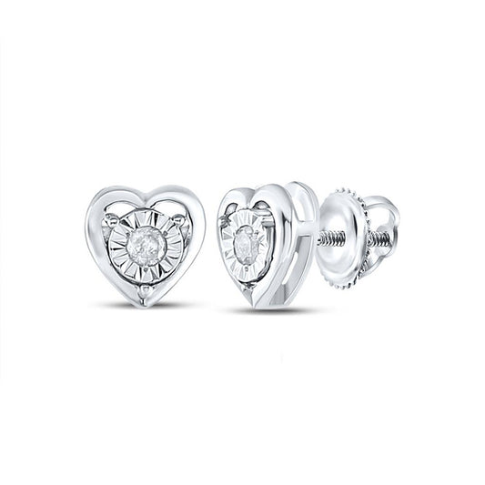 Sterling Silver Womens Round Diamond Heart Earrings 1/20 Cttw, Length: 0.22 In, Width: 0.22 In