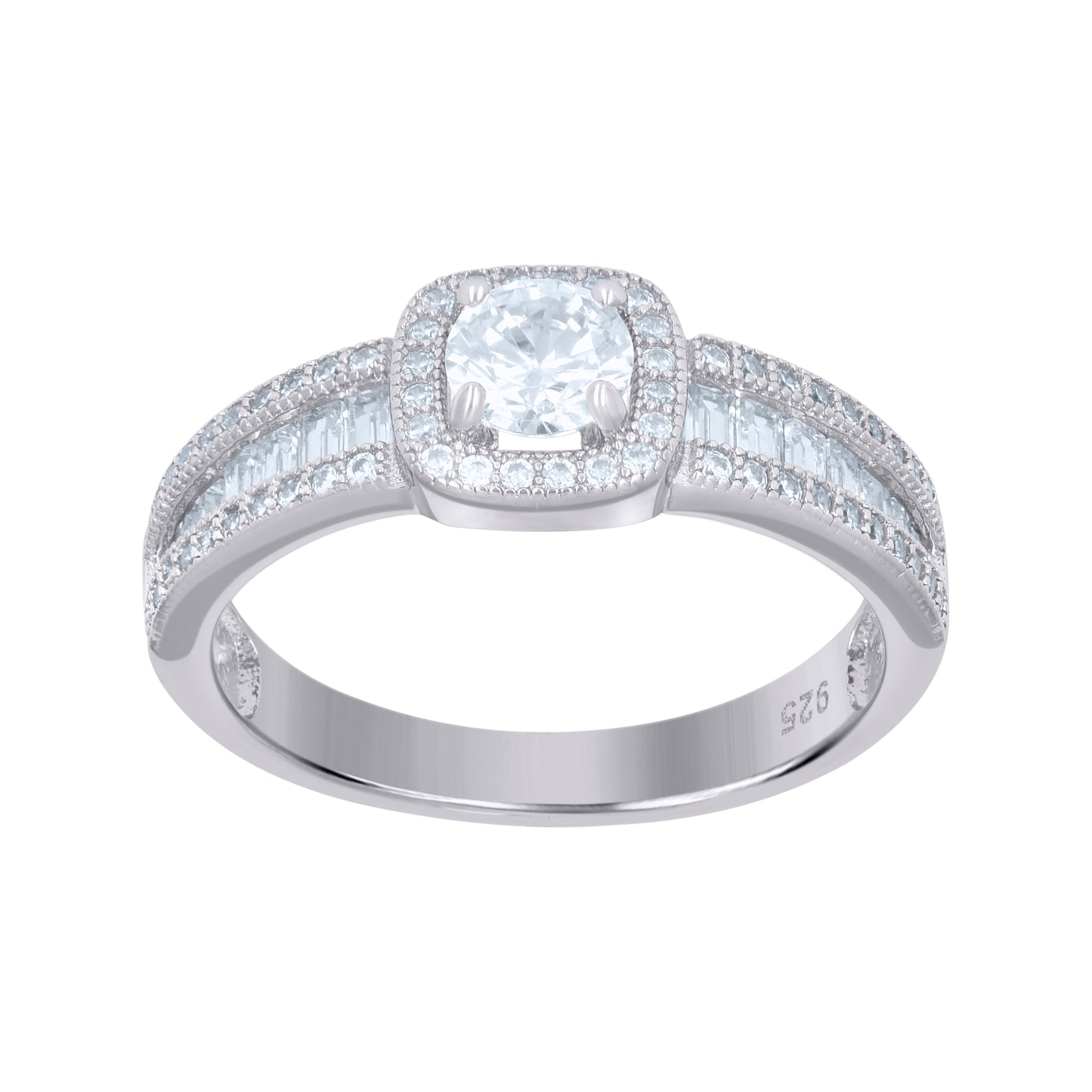 Sterling Silver Womens Baguette Round Cubic-Zirconia Square Head Fashion Bridal Anniversary Wedding Engagement Band Ring