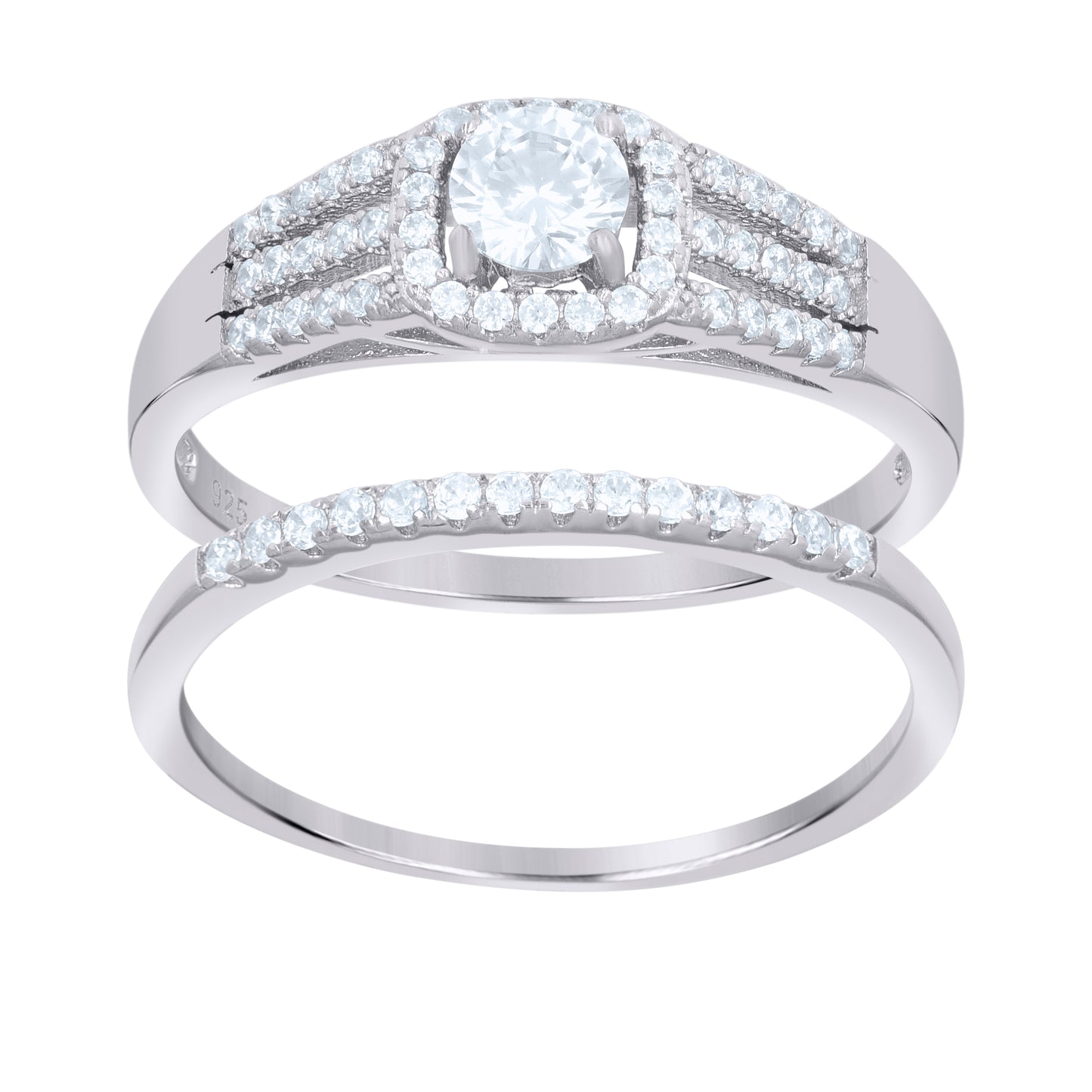 Sterling Silver Women's Cubic-Zirconia Fashion Duo Bridal Anniversary Wedding Engagement Band Ring Set