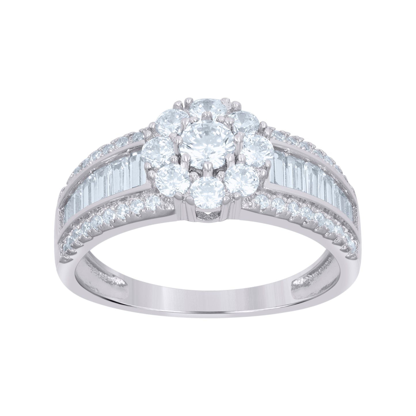 Sterling Silver Womens Baguette Round Cubic-Zirconia Flower Fashion Bridal Anniversary Wedding Engagement Band Ring