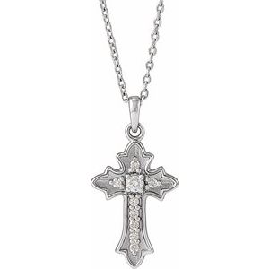 14K White Gold Round 2Mm G-H I1 .08 Ctw Natural Diamond Vintage-Inspired Cross Necklace, Length: 18 In
