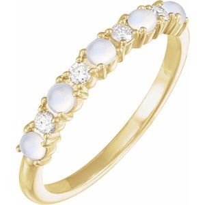 14K Yellow Gold Round 2.5 Mm Cabochon Natural Rainbow Moonstone And 1/8 Ctw Natural Diamond Ring Size 7