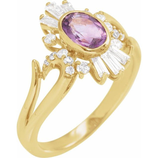 14K Yellow Gold Oval 7 X 5 Mm Polished Natural Amethyst And 1/2 Ctw Natural Diamond Ring, Size 7