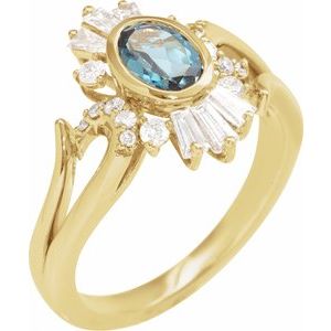 14K Yellow Gold Natural London Blue Topaz & 1/2 CTW Natural Diamond Halo-Style Ring Size 7