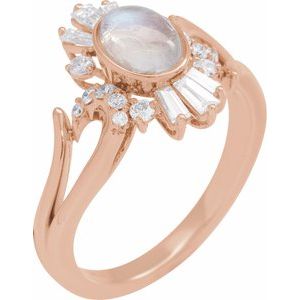 14K Rose Gold Natural Rainbow Moonstone & 1/2 CTW Natural Diamond Halo-Style Ring Size 7