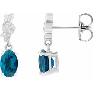 14K White Gold Oval 8 X 6 Mm Natural London Blue Topaz Floral Dangle Earrings