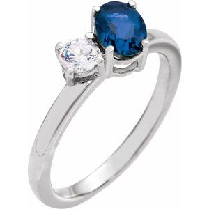14K White Gold Oval 7 X 5 Mm Polished Lab-Grown Blue Sapphire And 1/4 Ctw Lab-Grown Diamond 2-Stone Ring Size 7