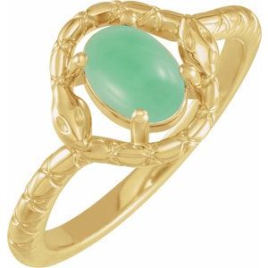 14K Yellow Gold  Oval 7 X 5 Mm Polished Natural Green Chrysoprase Snake Ring Size 7