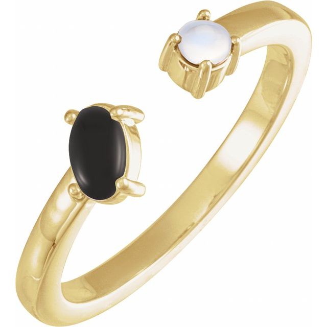 14K Yellow Gold Oval 5 X 3 Mm Polished Natural Onyx And Natural Blue Sheen Moonstone 2-Stone Negative Space Ring, Size 7