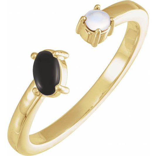 14K Yellow Gold Oval 5 X 3 Mm Polished Natural Onyx And Natural Blue Sheen Moonstone 2-Stone Negative Space Ring, Size 7