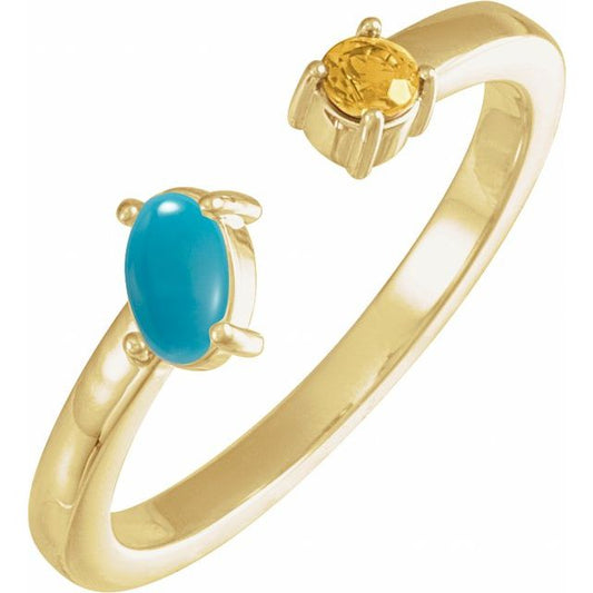 14K Yellow Gold Oval 5 X 3 Mm Polished Natural Turquoise And Natural Citrine 2-Stone Negative Space Ring, Size 7