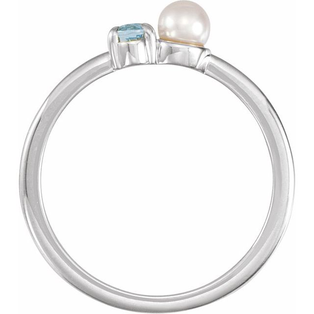 Platinum Oval 5 X 3 Mm Cultured White Akoya Pearl Polished Natural Aquamarine And Cultured White Akoya Pearl Ring, Size 7