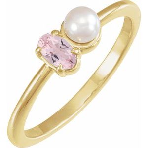14K Yellow Gold  Oval 5 X 3 Mm Cultured White Akoya Pearl Polished Natural Pink Morganite And Cultured White Akoya Pearl Ring Size 7