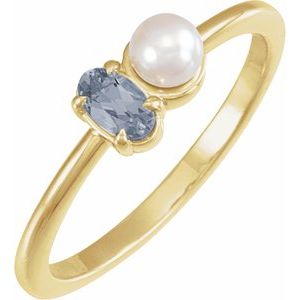 14K Yellow Gold  Oval 5 X 3 Mm Cultured White Akoya Pearl Polished Natural Grey Spinel And Cultured White Akoya Pearl Ring Size 7