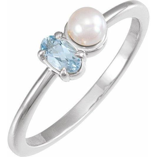 Platinum Oval 5 X 3 Mm Cultured White Akoya Pearl Polished Natural Aquamarine And Cultured White Akoya Pearl Ring, Size 7