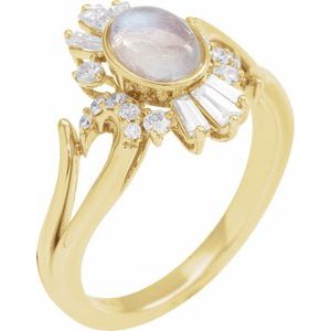14K Yellow Gold Natural Rainbow Moonstone & 1/2 CTW Natural Diamond Halo-Style Ring Size 7