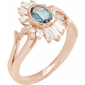 14K Rose Gold Natural London Blue Topaz & 1/2 CTW Natural Diamond Halo-Style Ring Size 7