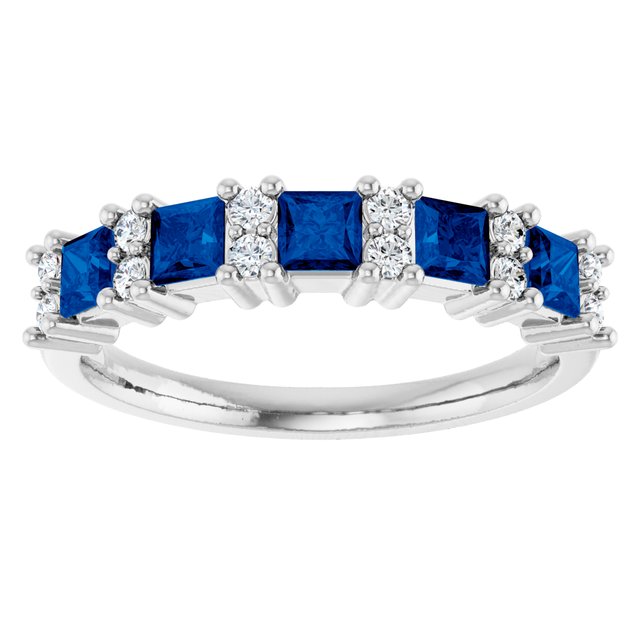14K White Gold Square 3 X 3 Mm Polished Natural Blue Sapphire And 1/5 Ctw Natural Diamond Anniversary Band Size 7