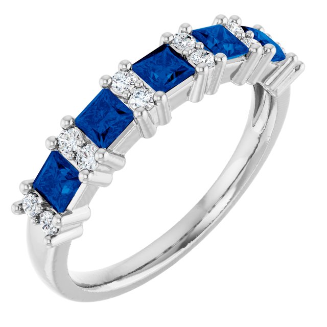 14K White Gold Square 3 X 3 Mm Polished Natural Blue Sapphire And 1/5 Ctw Natural Diamond Anniversary Band Size 7