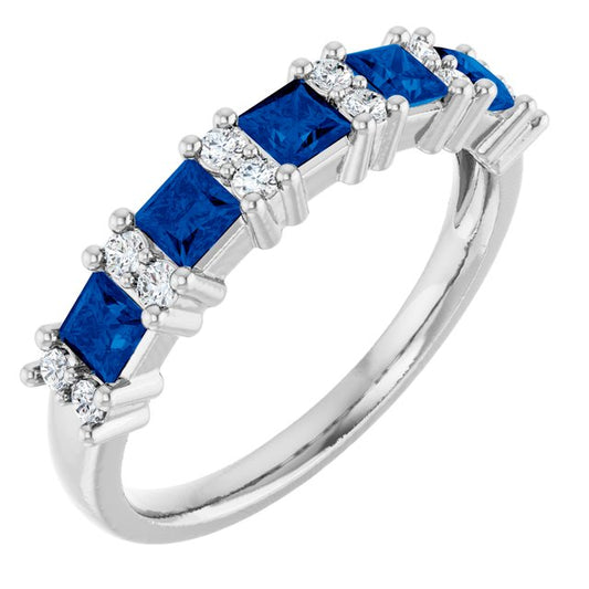 14K White Gold Square 3 X 3 Mm Polished Natural Blue Sapphire And 1/5 Ctw Natural Diamond Anniversary Band Size 7