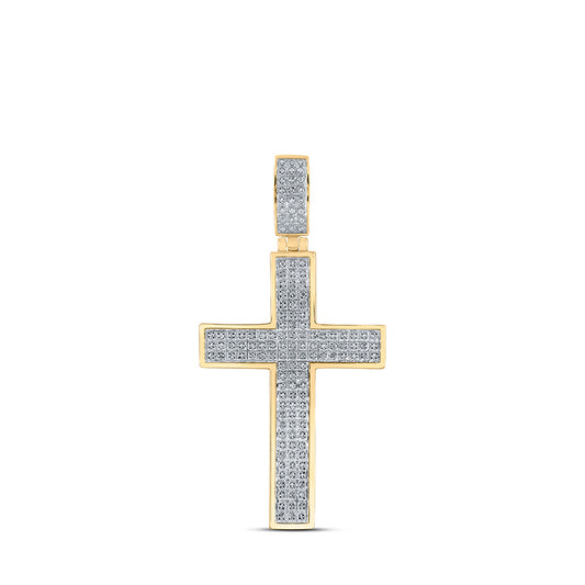 10K Yellow Gold Mens Round Diamond Cross Charm Pendant 1/2 Cttw, Length: 2.22 In, Width: 1.15 In