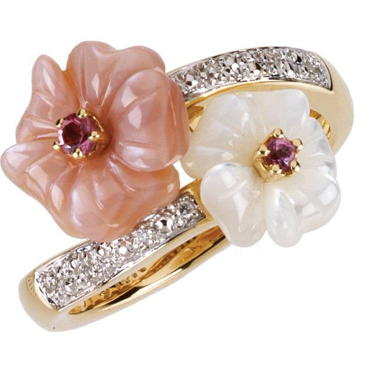 14K Yellow Gold Round 2.25 Mm Polished Natural Pink Tourmaline, Mother Of Pearl And .04 Ctw Natural Diamond Ring, Size 7