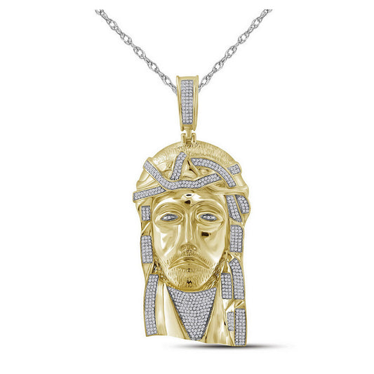 10K Yellow Gold Mens Round Diamond Jesus Charm Pendant 1-5/8 Cttw, Length: 3.3 In, Width: 1.35 In