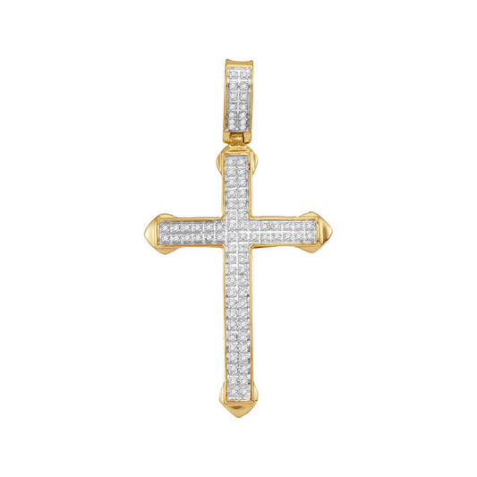 10K Yellow Gold Mens Round Diamond Cross Charm Pendant 1/4 Cttw, Length: 2.02 In, Width: 1.06 In