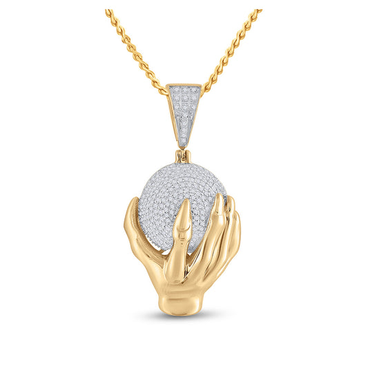 10K Yellow Gold Mens Round Diamond Hand World Cluster Charm Pendant 3/4 Cttw, Length: 1.61 In, Width: 0.83 In