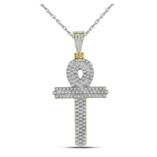 10K Yellow Gold Mens Round Diamond Ankh Cross Religious Charm Pendant 3/8 Cttw, Length: 1.88 In, Width: 0.93 In